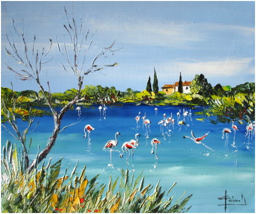 Peinture Flamants Roses en Camargue