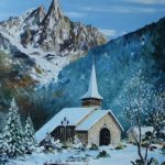 TABLEAU PEINTURE (OIL PAINTING) CHAMONIX: CHAPELLE DES PRAZ ET LES DRUS