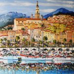 TABLEAU PEINTURE PORT DE MENTON ( OIL PAINTING MENTON HARBOUR )